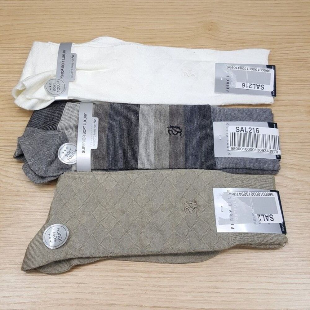 PERRY ELLIS Crew Dress Socks Tan Cream Gray 3-Pack Stripe Diamond Solid